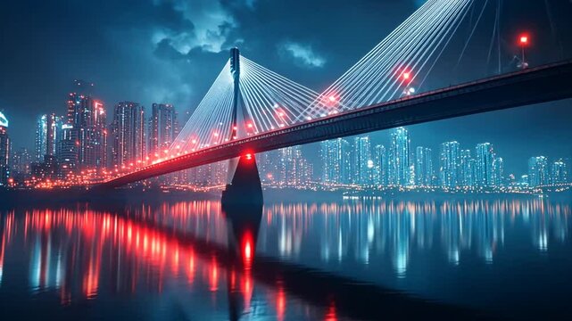Illuminated bridge connecting vibrant cityscapes at twilight reflecting on a still river under dramatic skies offering a sense of urban dynamism