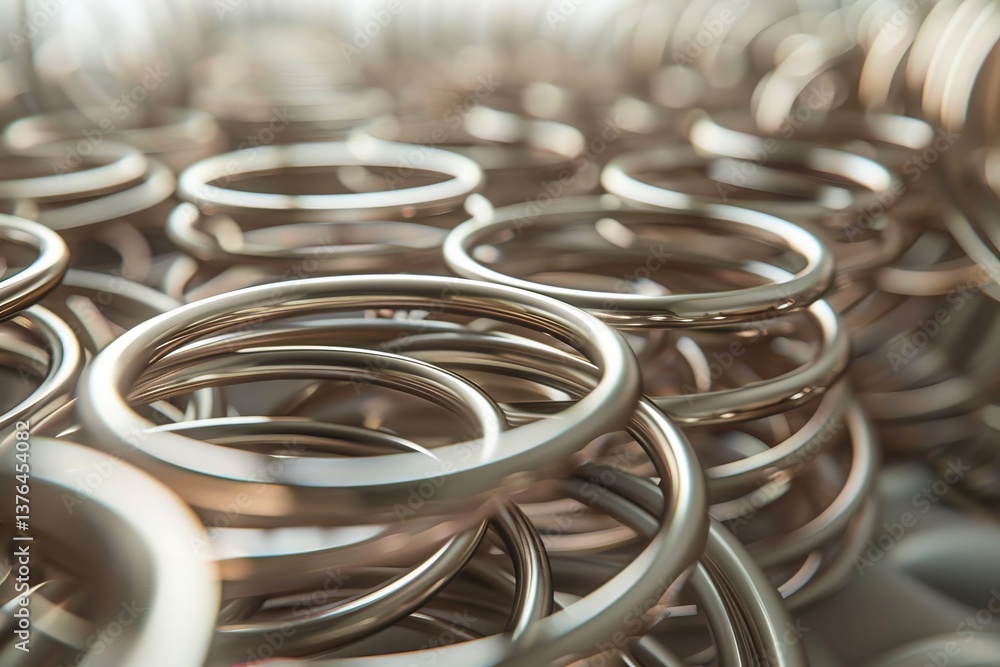 Poster futuristic abstract art symmetrical chrome rings nestled in fog with soft light reflections