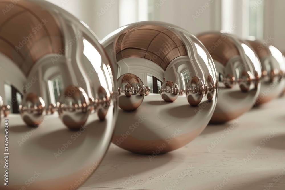 Aufkleber futuristic minimalist abstract art of nested chrome rings in fog over a white background