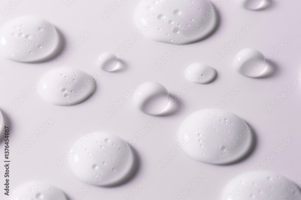 Poster abstract liquid mercury droplets create cellular shapes on a glossy white surface with reflections.