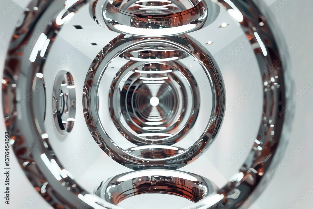 Poster futuristic minimalist art nested symmetrical chrome rings in fog with soft light reflections