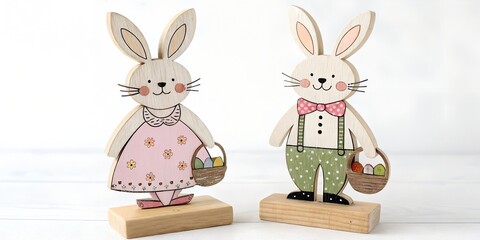 Wooden hare in a dress and a hare in suspenders. Festive Easter decor on a white background.