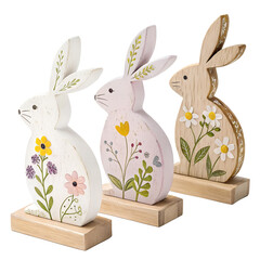 Wooden bunny figurines with floral designs. Easter decorations.