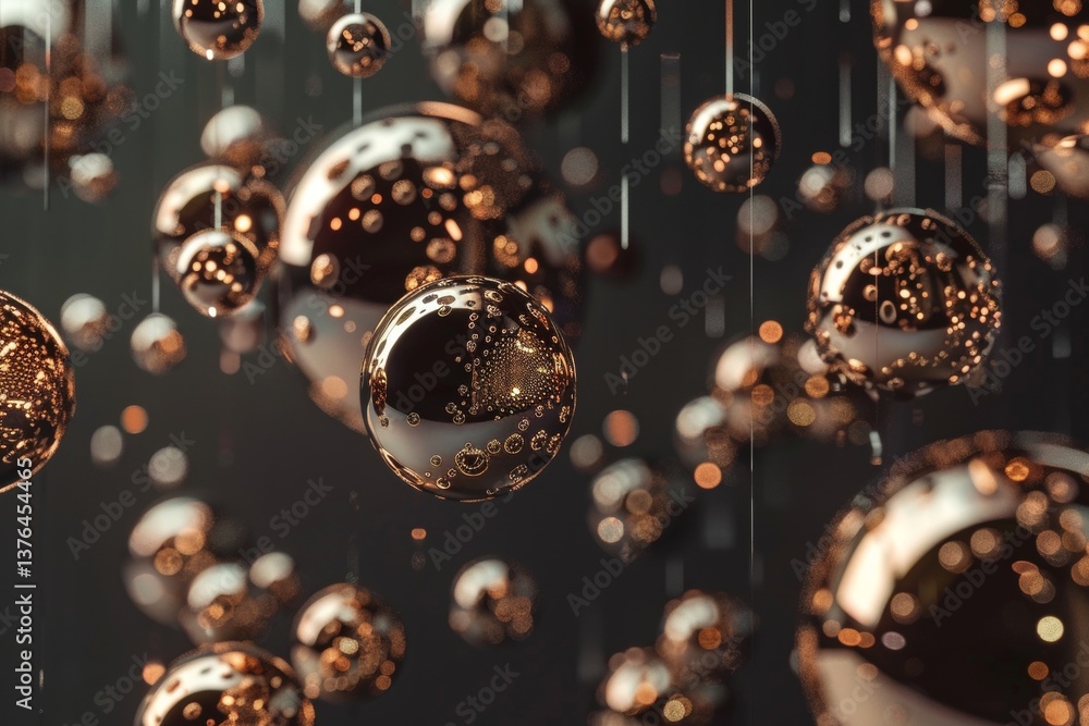 Poster bronze droplets creating neural patterns on matte black background with glowing outlines and depth