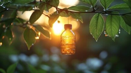 Plastic bottle hanging from tree branch at sunset.