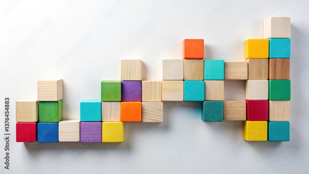 Poster colorful wooden blocks arranged in an abstract pattern on a white background