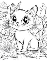 Obraz premium A Playful Cat in Garden: A delightful illustration captures a cute cat surrounded by a sea of blooming flowers, creating a whimsical and cheerful atmosphere.