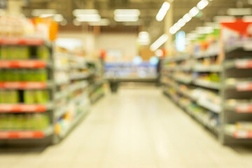 Blurred background of supermarket aisle with shelves.