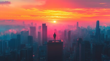 City Sunset Silhouette: a solitary figure surveys a cityscape bathed in the vibrant hues of a sunset, a moment of reflection and the beauty of urban environment