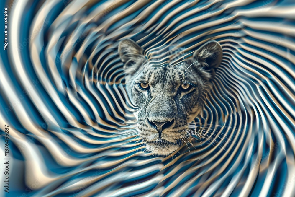Poster a lion s face transforms into flowing waves merging power with abstract rhythm and optical illusion