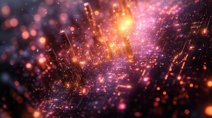 Fototapeta premium Glowing futuristic city at night with vibrant lights and particles.