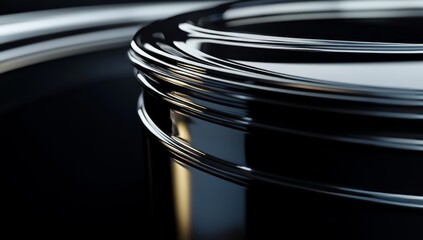 Close up of a glossy oil drum with sleek curves and reflective surfaces against a black backdrop