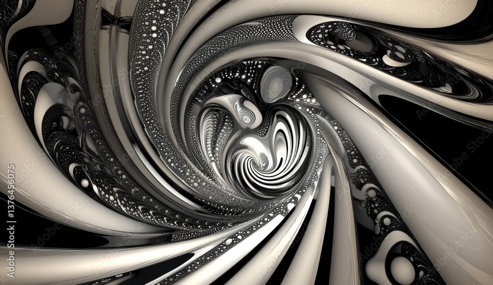 Poster Futuristic abstract art with swirling black and white patterns and metallic elements for projects