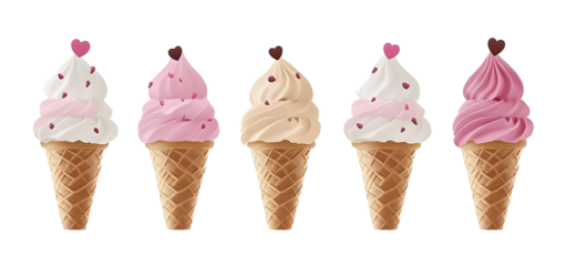 A set of ice creams is presented in a wafer style cone, depicted in a modern flat style illustration