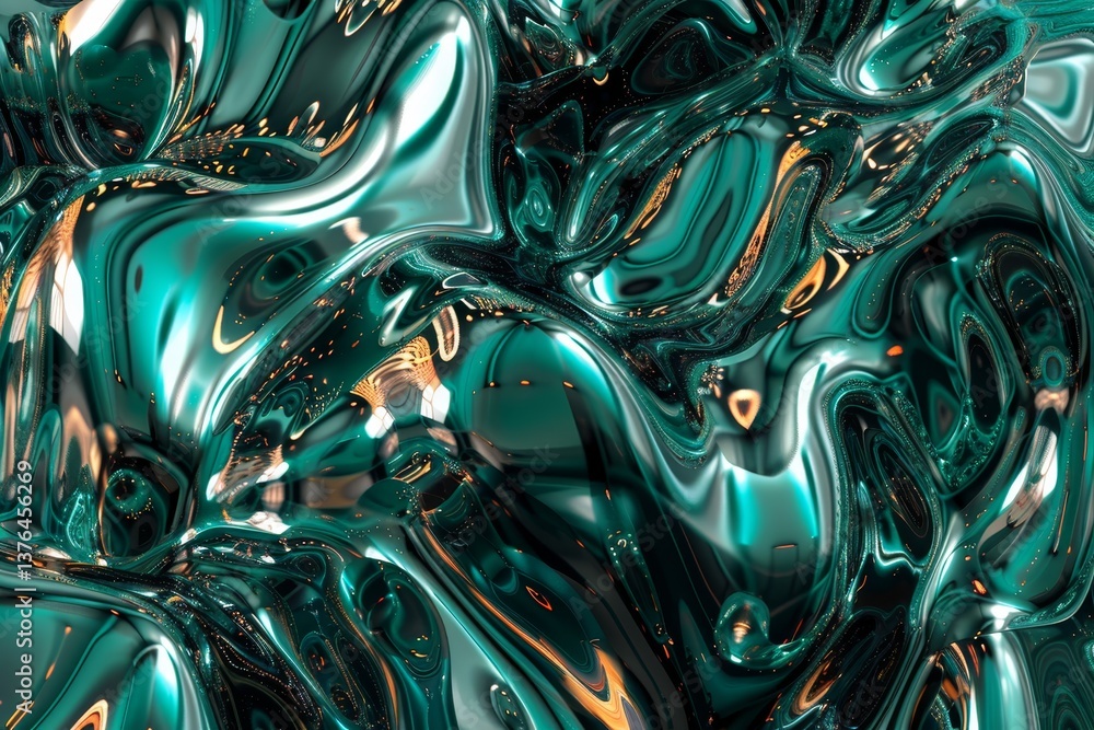 Poster turquoise and black fluid abstract pattern with metallic reflections and crisp texture in dark ambie
