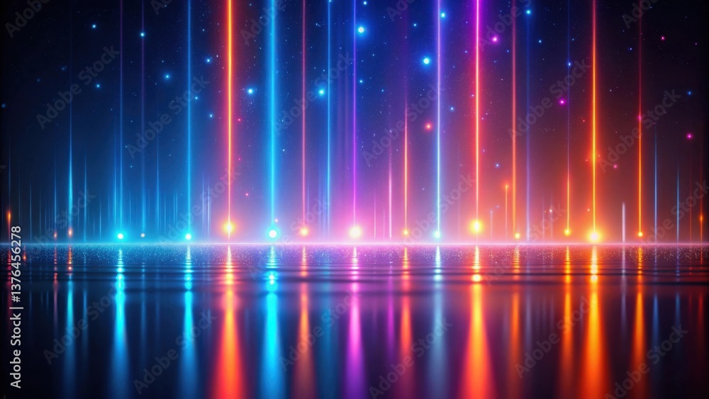 Poster vibrant neon beams reflecting on a calm, dark surface, creating a futuristic and dreamlike atmospher