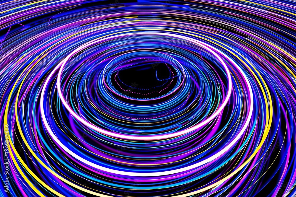 Poster dynamic blue line swirl creating concentric energy circles with shockwave bursts and color accents
