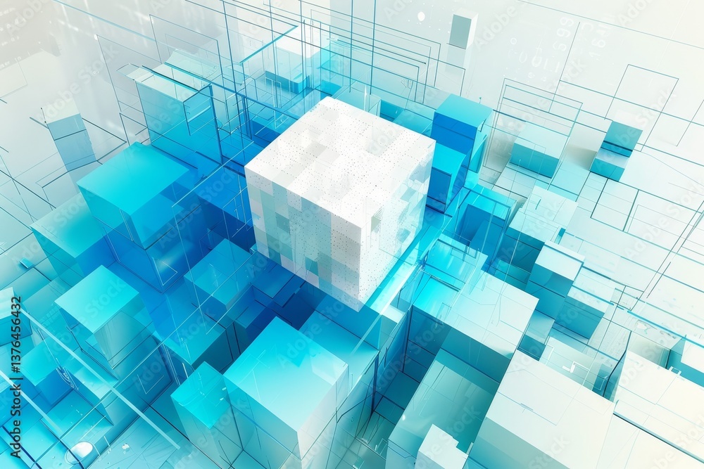Poster abstract architectural design of layered blue cubes with pulsing white cube on a neutral background