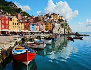 A picturesque coastal town with colorful buildings and boats moored along a calm waterway, reflecting the serene beauty of the hillside and sky