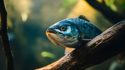 Detailed Close-Up of a Fish Perched on a Tree Branch in Natural Habitat