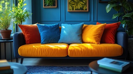 Obraz premium Colorful sofa with pillows in a blue room.