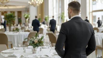 Elegant hotel manager overseeing corporate event in luxurious dining area