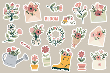 Spring stickers set in flat design. Collection labels with romantic bouquets, flowers in envelopes, vases, watering can or rubber boot, springtime blooms and blossoms, other. Vector illustration. © alexdndz