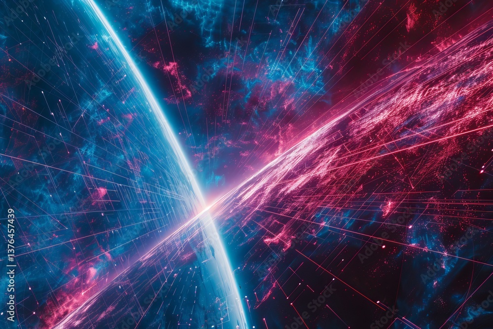 Poster cinematic blue and magenta fractal grid pattern with a radiant central node in a dark environment
