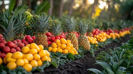 Vibrant row of pineapples, oranges, and red fruits in a lush garden setting at sunset.