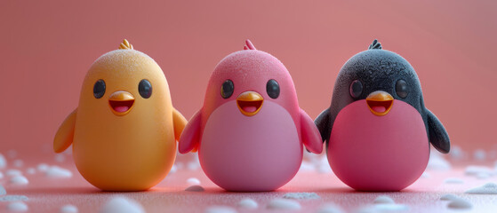 Three small birds are sitting on a pink surface creating a delightful spectacle