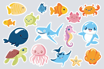 Underwater animal stickers set in flat design. Collection labels with different fishes, crab, whale, shark, seahorse, dolphin, turtle, jellyfish, starfish, seashell and other. Vector illustration.