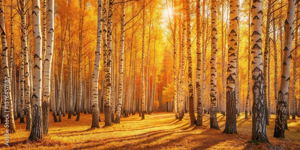 Poster golden sunlight illuminates a path through a grove of birch trees in autumn