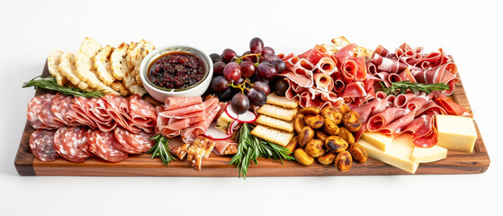 Wooden platter with artisan variety of meats, cheeses and crackers