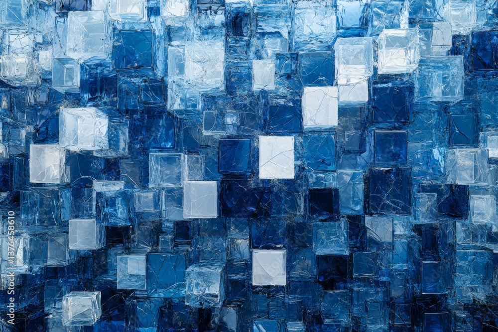 Poster abstract digital artwork of blue and white cubes forming a network map with depth and balance