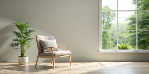 Fototapeta premium Serene Interior Design Featuring a Comfortable Armchair and Lush Greenery by a Sunlit Window