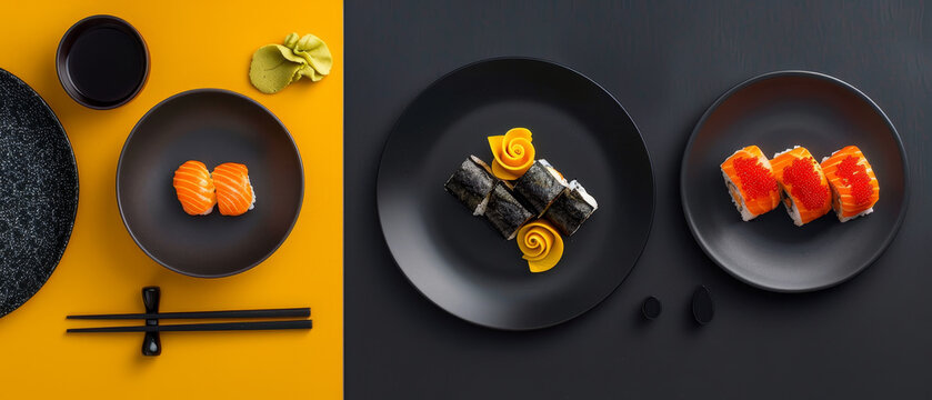 Top view of black plates filled with artfully presented sushi on orange and black backdrop