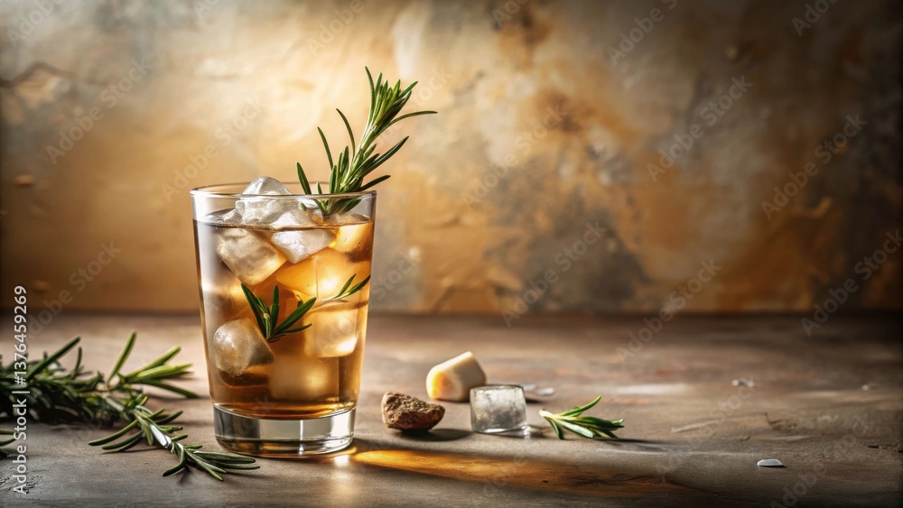 Aufkleber refreshing iced beverage with rosemary garnish and ice cubes on rustic surface