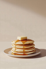 Stack of pancakes with butter and syrup on a plate against a neutral backdrop, breakfast delight.