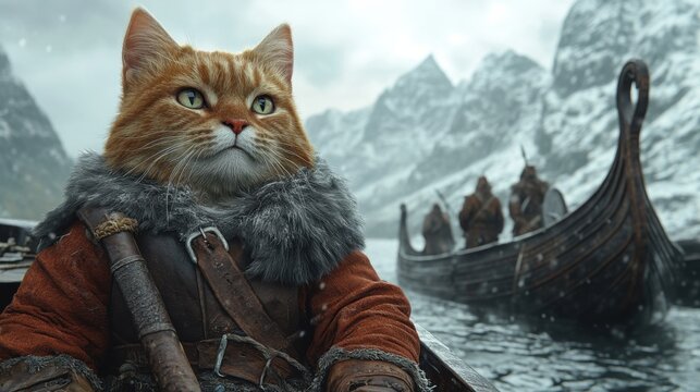 Viking cat warrior sailing in nordic landscape with longships and snowy mountains