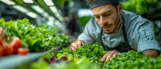 A man is looking at a bunch of lettuce in a grocery store
