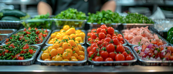 Obraz premium A variety of vegetables are displayed in a restaurant, including tomatoes