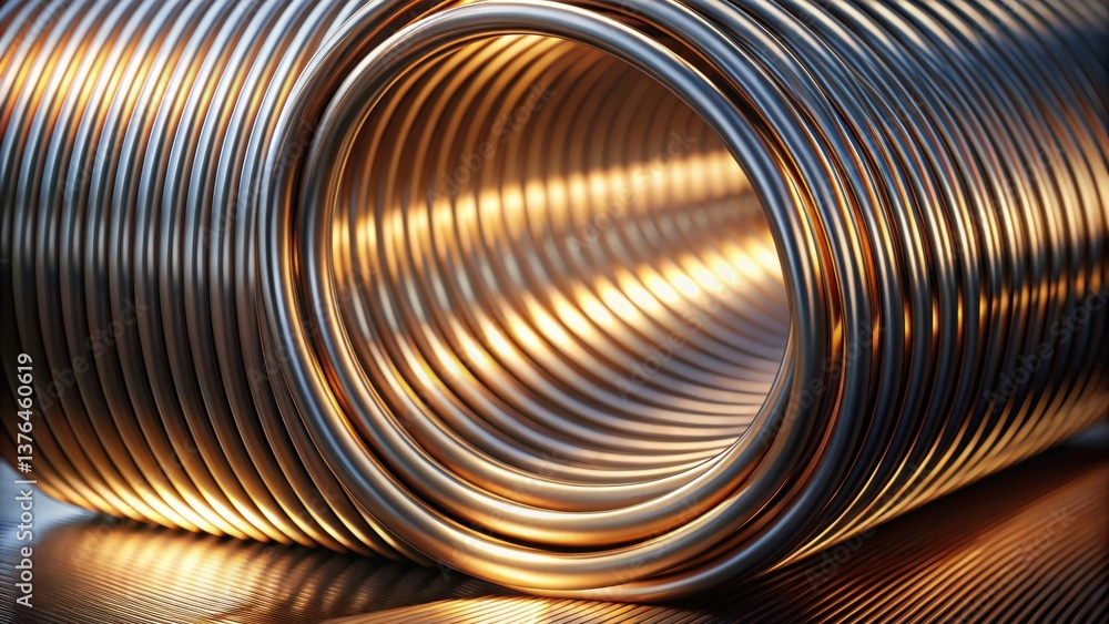 Poster Metallic Coil Abstract Gleaming Tubular Forms Intertwined, Creating a Visually Striking Composition of Shiny, Reflective Surfaces with Warm Lighting
