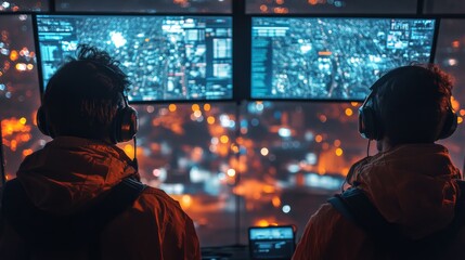 Two operators monitor real time data on large screens in a control center. The urban landscape is illuminated outside, showcasing a bustling logistics operation at night.
