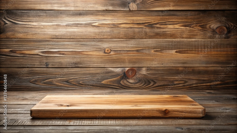 Poster rustic wooden board display on weathered plank background ideal for product presentation and culinar