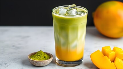 a iced matcha mango with matcha powder and sliced mango around on marble table, space for copy 