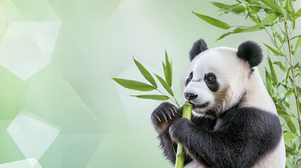 Obraz premium Relaxed panda chewing bamboo in serene green environment, showcasing its playful nature and love for food