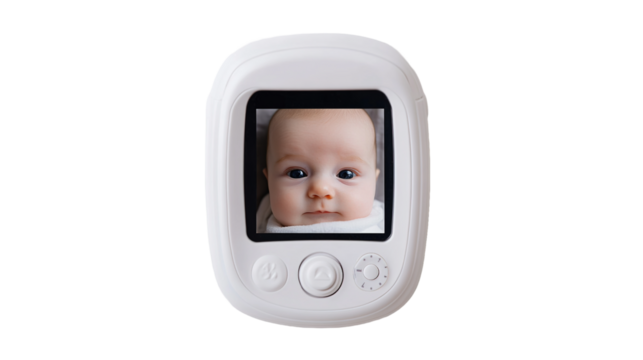 Video baby monitor with handheld display secure infant surveillance home technology indoor close-up view