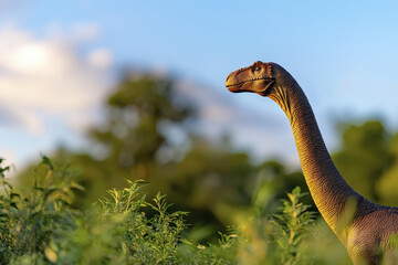 Fototapeta premium serene Brontosaurus stands tall among lush greenery under blue sky
