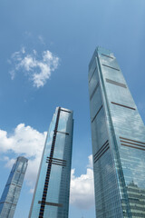 low angle view of modern skyscrapers and skyline.
