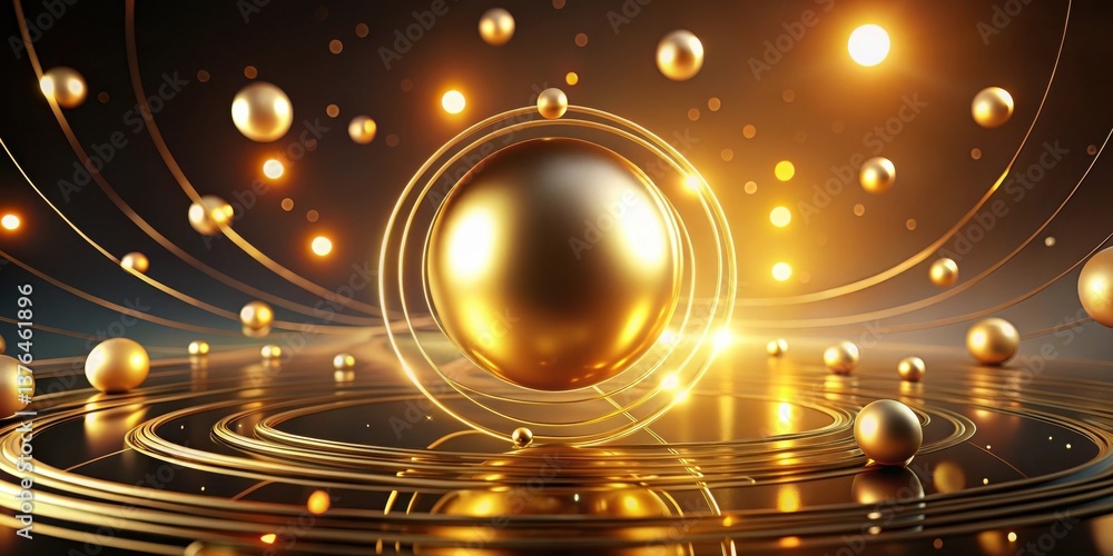 Poster golden sphere in orbit abstract luxurious design with ornate rings and glowing particles